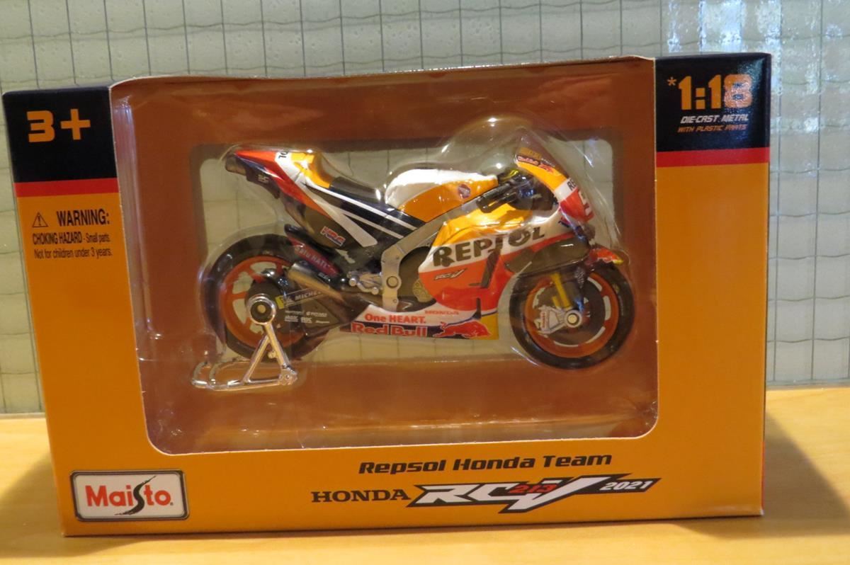 Miniature 1/18 Moto GP 2021 REPSOL Honda RC213V – Maisto, Carrosserie Métal, Pneus Caoutchouc